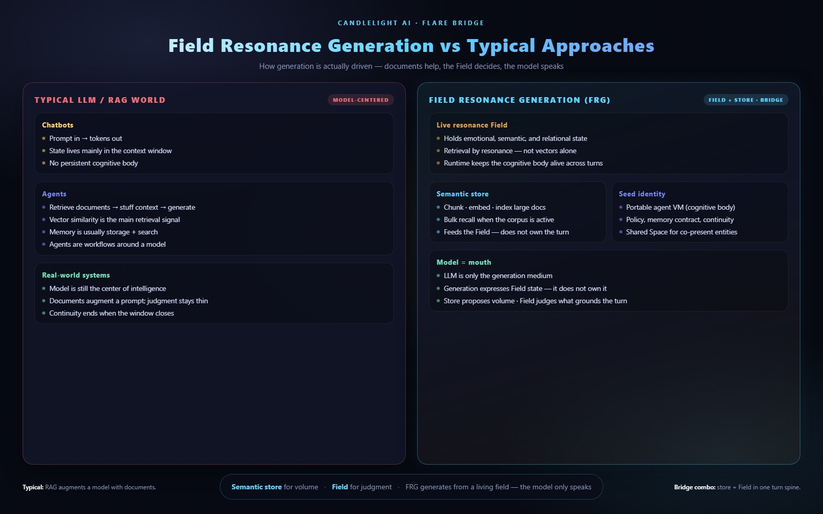 Field Resonance Generation compared with typical LLM and RAG approaches